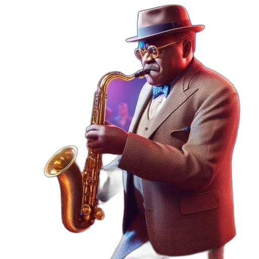 man, adorned, formal, attire, plays, saxophone, colorfully, lit transparent PNG cut-out