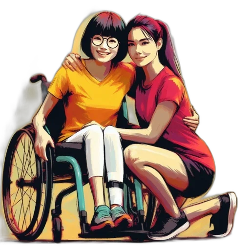 comic book art, oil painting, concept art, photorealistic, two, women, one, seated transparent PNG cut-out