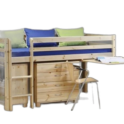 furniture, cozy, wooden, loft, bed, setup, blue, bedding transparent PNG cut-out