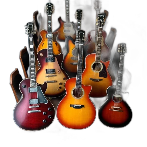 photorealistic, 3d render, collection, various, guitars, violin, displayed, table transparent PNG cut-out