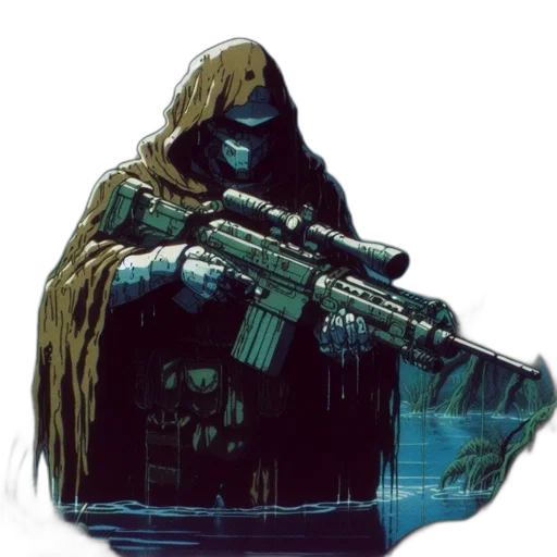 weapon, jacket, mask, concept art, pixel art, comic book art, cyberpunk, green transparent PNG cut-out