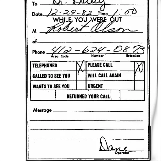 staff, handwritten, note, robert, alson, darby, december, 1982 transparent PNG cut-out