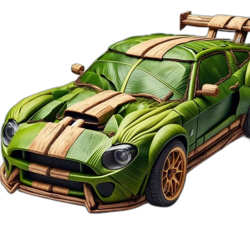 car, 3d render, concept art, fantasy art, made, wood, leaves, banana-adorned transparent PNG cut-out