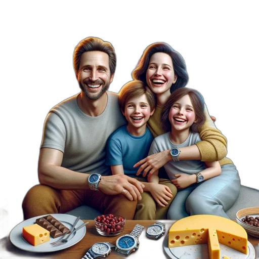 food, photorealistic, oil painting, 3d render, concept art, happy, family, four transparent PNG cut-out