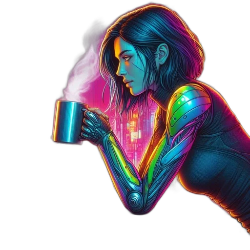 robot, bottle, jacket, comic book art, cyberpunk, concept art, fantasy art, neon lights transparent PNG cut-out