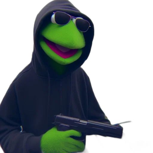 weapon, jacket, staff, animal, 3d render, kermit-like, figure, dark transparent PNG cut-out