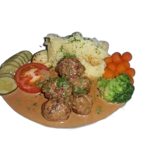 food, photorealistic, 3d render, plate, meatballs, gravy, mashed, potatoes transparent PNG cut-out