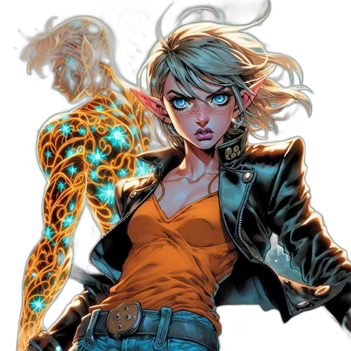 jacket, comic book art, concept art, cyberpunk, neon lights, golden, two, animated transparent PNG cut-out
