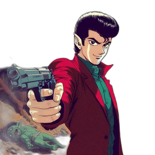 weapon, jacket, comic book art, anime, cartoon, concept art, red, intense transparent PNG cut-out