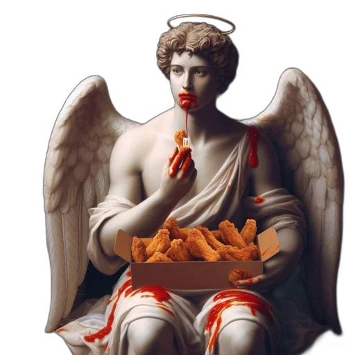 food, photorealistic, vaporwave, 3d render, concept art, angelic, statue, holds transparent PNG cut-out