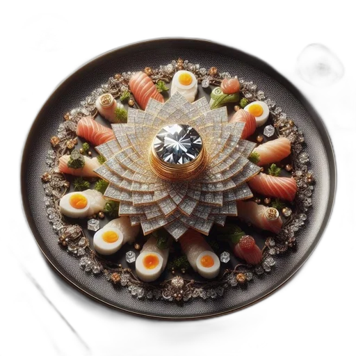 food, jewelry, crown, sushi, platter, various, pieces, including transparent PNG cut-out