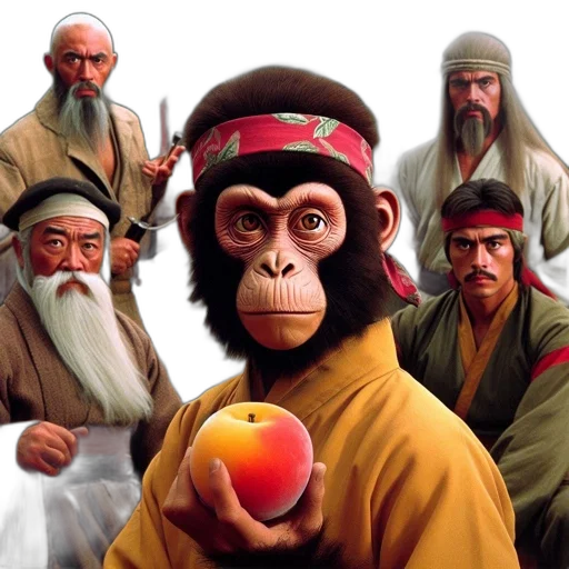concept art, photorealistic, chimpanzee, yellow, robe, red, headband, holds transparent PNG cut-out