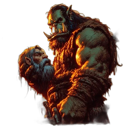 concept art, fantasy art, comic book art, intense, muscular, orc, holds, small transparent PNG cut-out