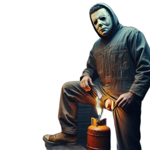 mask, jacket, concept art, comic book art, pixel art, fire, inside, cluttered transparent PNG cut-out