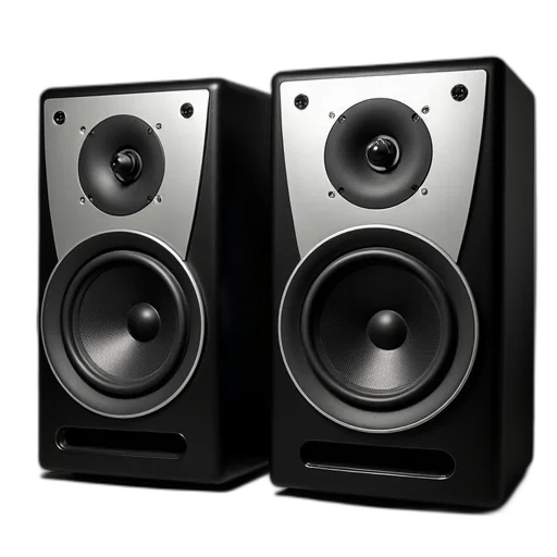 pair, modern, sleek, speakers, black, silver, design, featuring transparent PNG cut-out