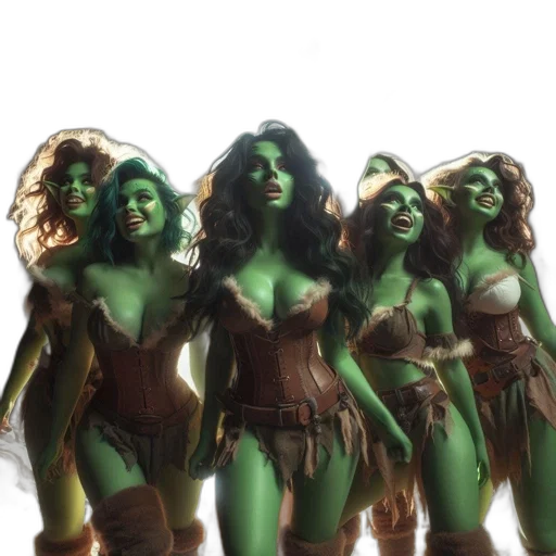 concept art, fantasy art, comic book art, 3d render, outer space, green, six, women transparent PNG cut-out