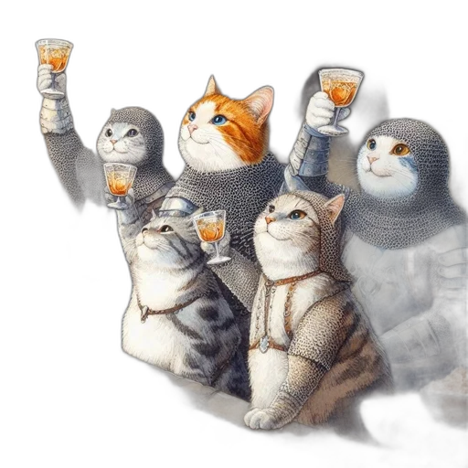concept art, anthropomorphic, cats, wear, armor, hold, goblets, toast transparent PNG cut-out