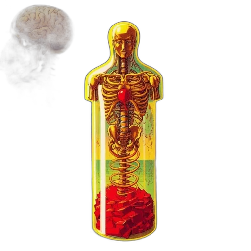 bottle, image, vivid, surrealistic, representation, featuring, golden, humanoid transparent PNG cut-out
