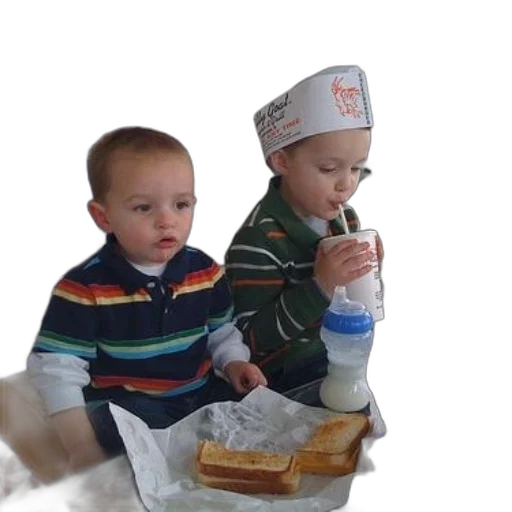 two, boys, sit, table, sandwiches, drinks transparent PNG cut-out