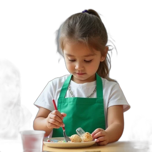 food, photorealistic, young, girl, standing, table, classroom, preparing transparent PNG cut-out