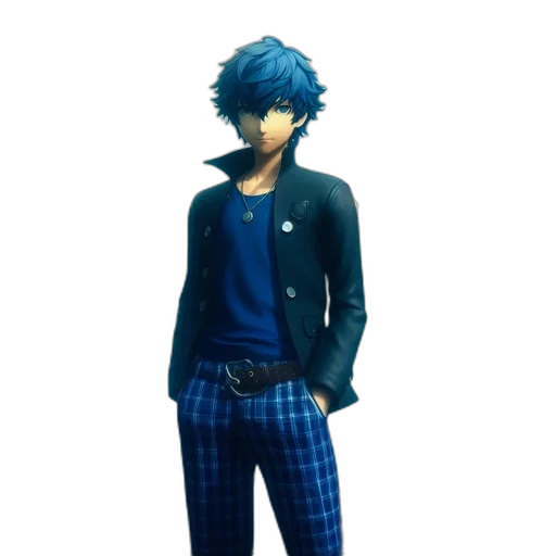 jacket, staff, mask, 3d render, concept art, pixel art, vaporwave, blue transparent PNG cut-out