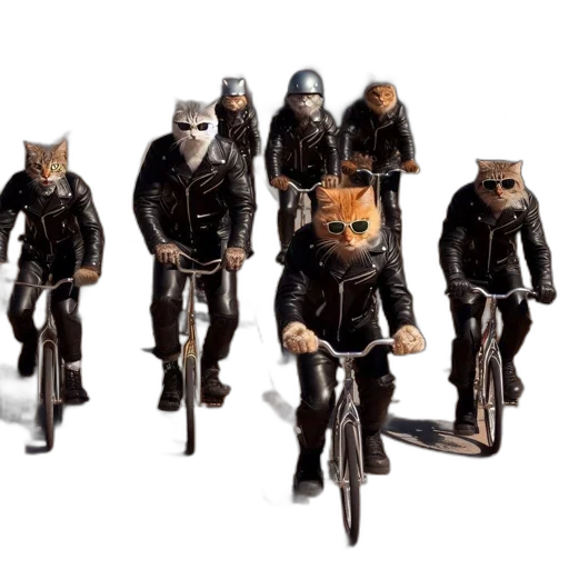 mask, concept art, 3d render, cats, ride, bicycles, along, sidewalk transparent PNG cut-out