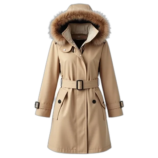 jacket, beige, raincoat, fur-lined, hood, belt, waist, displayed transparent PNG cut-out