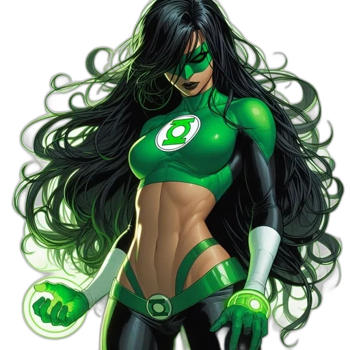 comic book art, concept art, fantasy art, green, female, superhero, figure, donning transparent PNG cut-out