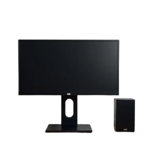 furniture, 3d render, modern, flat-screen, monitor, black, bezel, turned transparent PNG cut-out