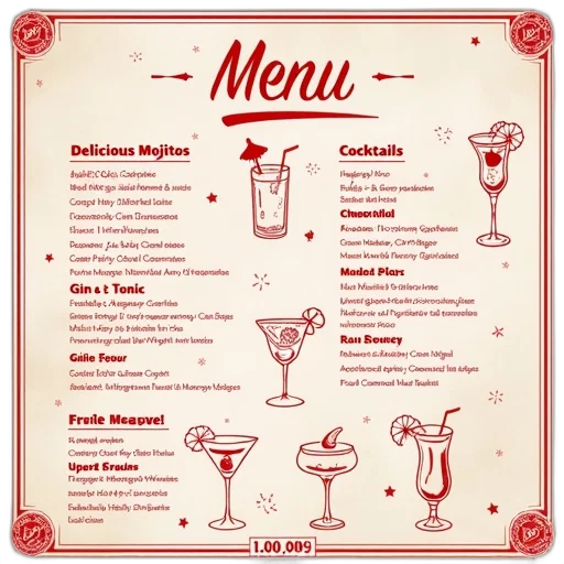 food, second, image, stylized, menu, featuring, various, cocktails transparent PNG cut-out