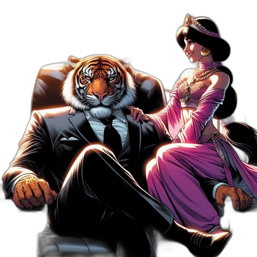 comic book art, concept art, city street, fire, animated, tiger, woman, traditional transparent PNG cut-out