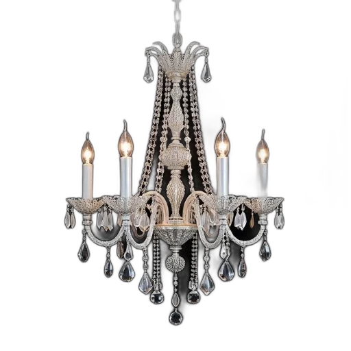 3d render, silver, chandelier, intricate, designs, crystal, drops, hangs transparent PNG cut-out
