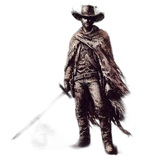 jacket, sword, staff, hat, concept art, fantasy art, comic book art, pixel art transparent PNG cut-out