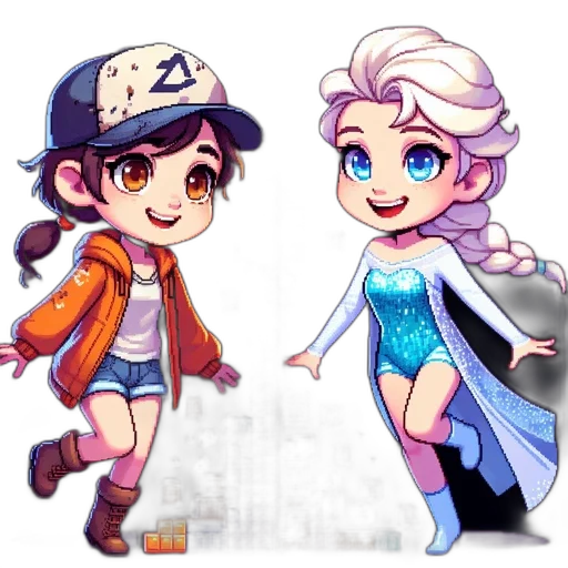 pixel art, concept art, fantasy art, anime, pastel, two, animated, characters transparent PNG cut-out