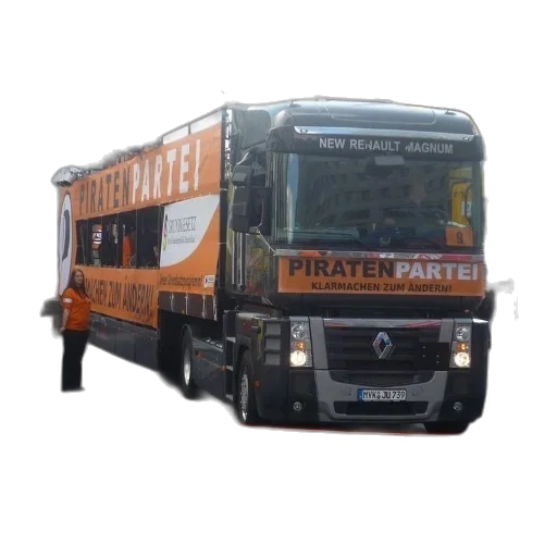 large, orange, bus, word, piraten, partei, driving, down transparent PNG cut-out