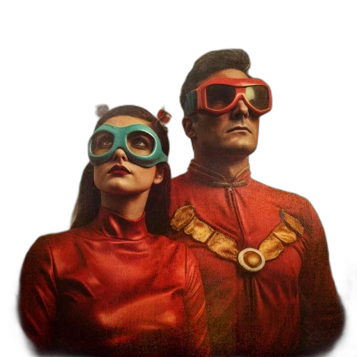 mask, comic book art, concept art, 3d render, red, two, individuals, vibrant transparent PNG cut-out