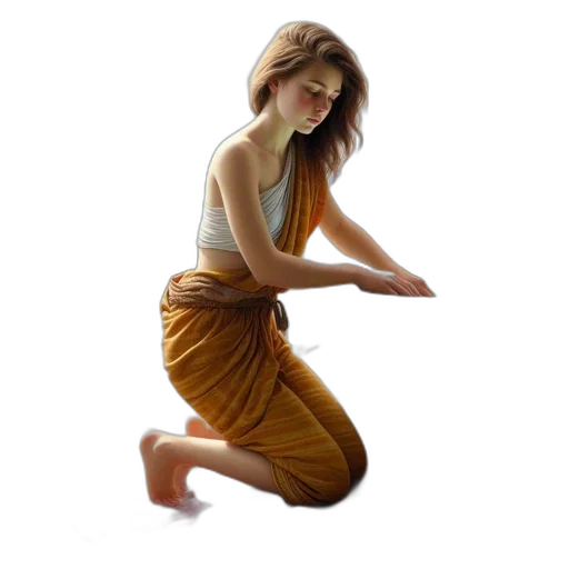 dress, staff, photorealistic, concept art, oil painting, fantasy art, earth tones, woman transparent PNG cut-out