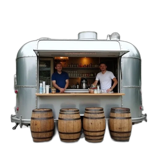 3d render, silver, food, truck, parked, lot, row, wooden transparent PNG cut-out