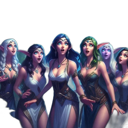 fantasy art, concept art, comic book art, pixel art, five, diverse, elven, females transparent PNG cut-out