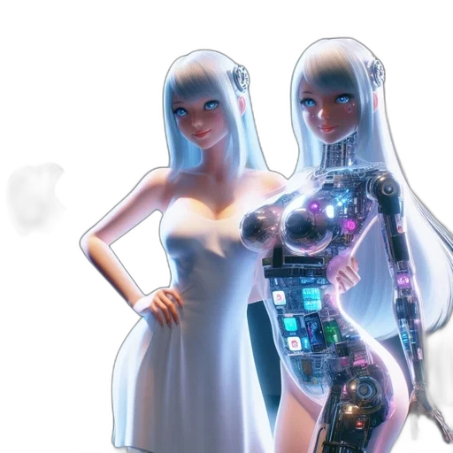 robot, dress, concept art, 3d render, cyberpunk, comic book art, neon lights, outer space transparent PNG cut-out