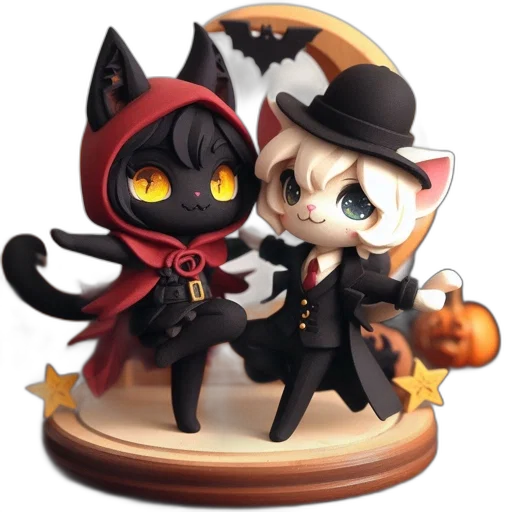 concept art, 3d render, two, halloween-themed, cats, one, wearing, red transparent PNG cut-out