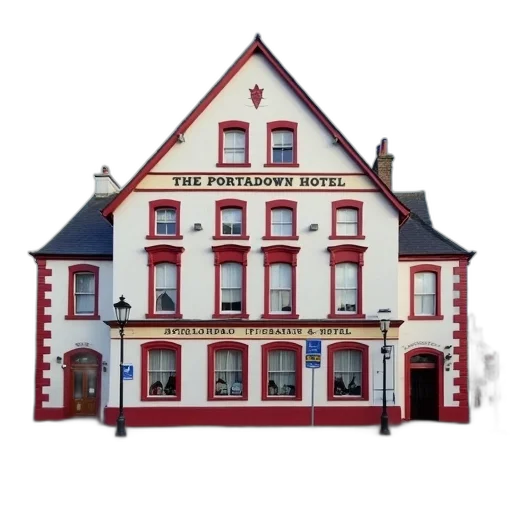 building, city street, two-story, triangular, roof, sign, reads, portadown transparent PNG cut-out
