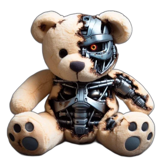 robot, cyberpunk, 3d render, concept art, unusual, teddy, bear, features transparent PNG cut-out