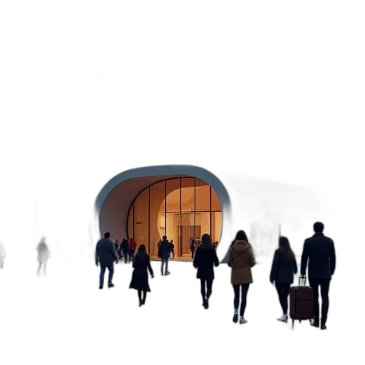 building, 3d render, concept art, snow, city street, fog, group, people transparent PNG cut-out