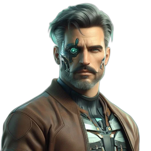 face, jacket, staff, robot, cyberpunk, concept art, comic book art, fantasy art transparent PNG cut-out