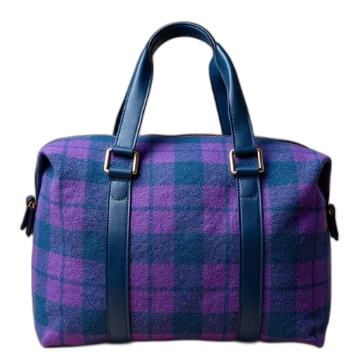 large, tweed, bag, blue, purple, checks transparent PNG cut-out