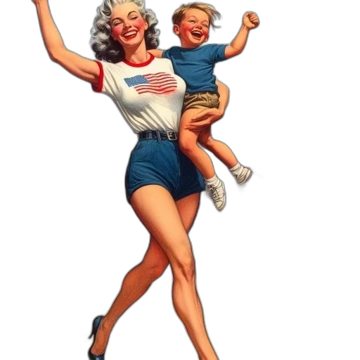 cartoon, comic book art, vintage-style, illustration, woman, holding, child, her transparent PNG cut-out