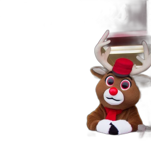 3d render, plush, reindeer, character, sits, behind, counter, tim transparent PNG cut-out