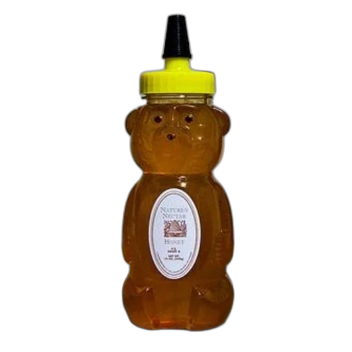 bottle, staff, 3d render, bear-shaped, honey, yellow, lid, label transparent PNG cut-out