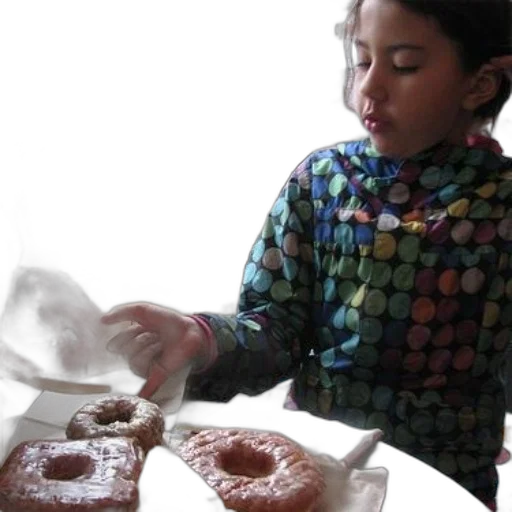 food, girl, colorful, shirt, pointing, donut transparent PNG cut-out